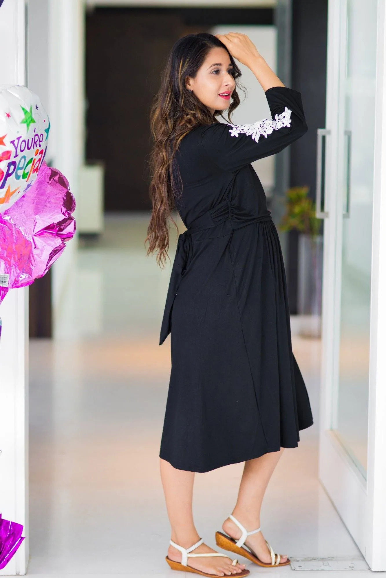 Crochet Black Wrap Tie Maternity & Nursing Dress