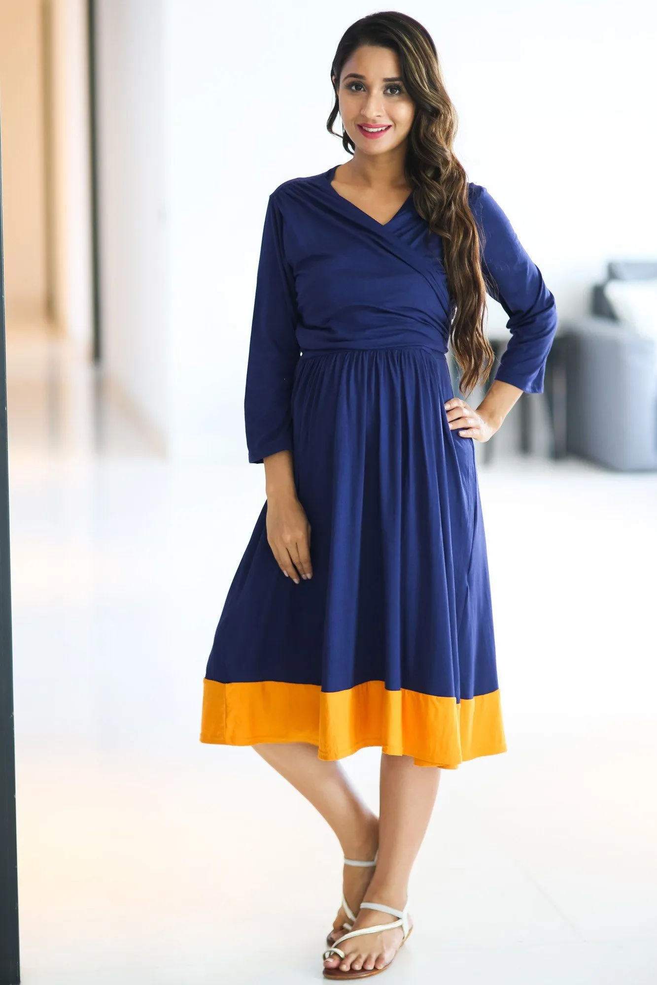 Deep Blue Mustard Wrap Tie Maternity & Nursing Dress