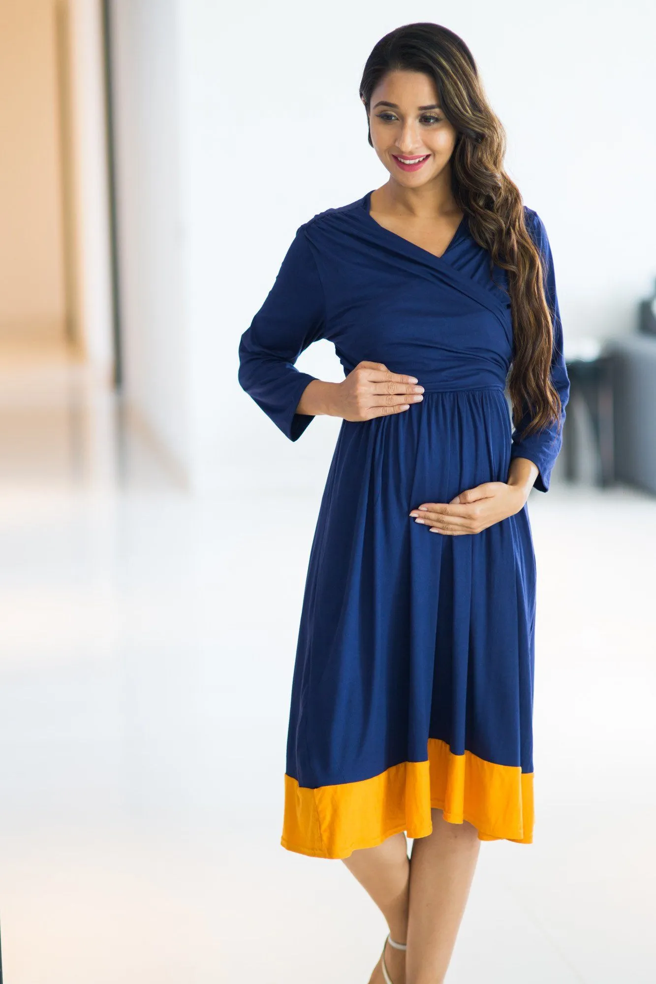 Deep Blue Mustard Wrap Tie Maternity & Nursing Dress