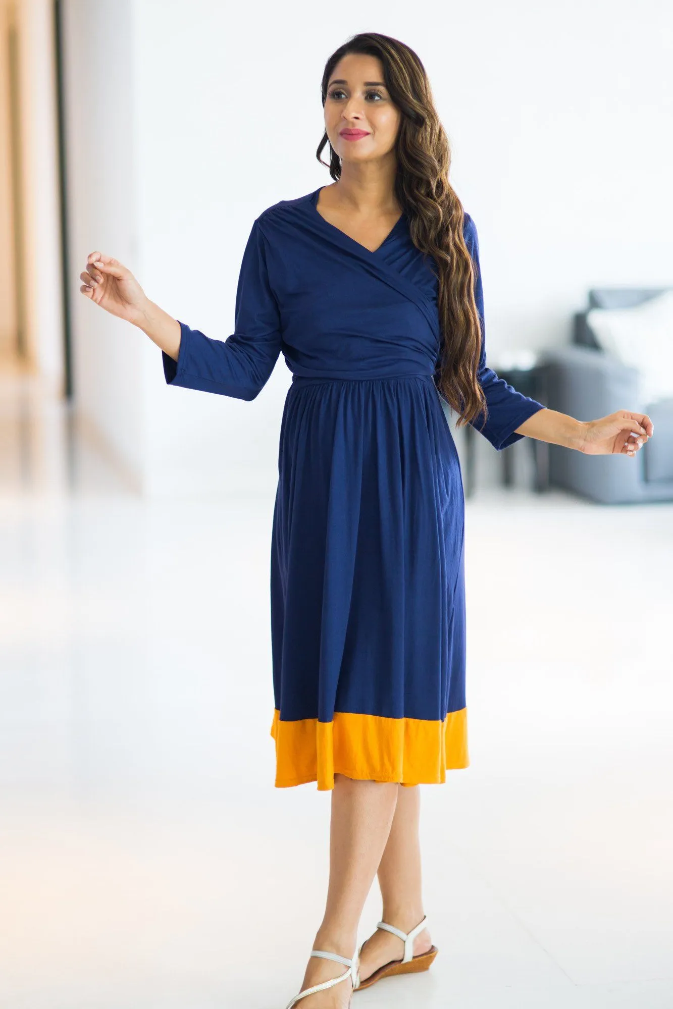 Deep Blue Mustard Wrap Tie Maternity & Nursing Dress