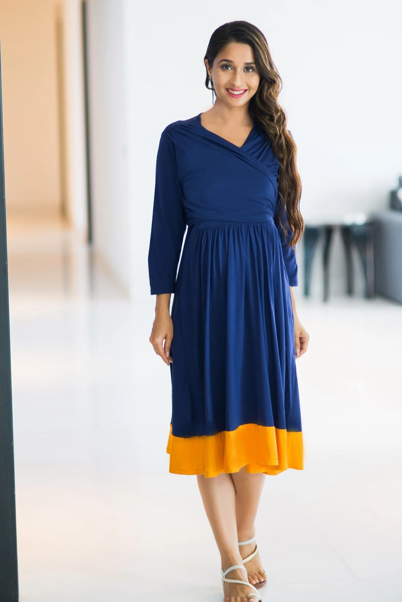 Deep Blue Mustard Wrap Tie Maternity & Nursing Dress