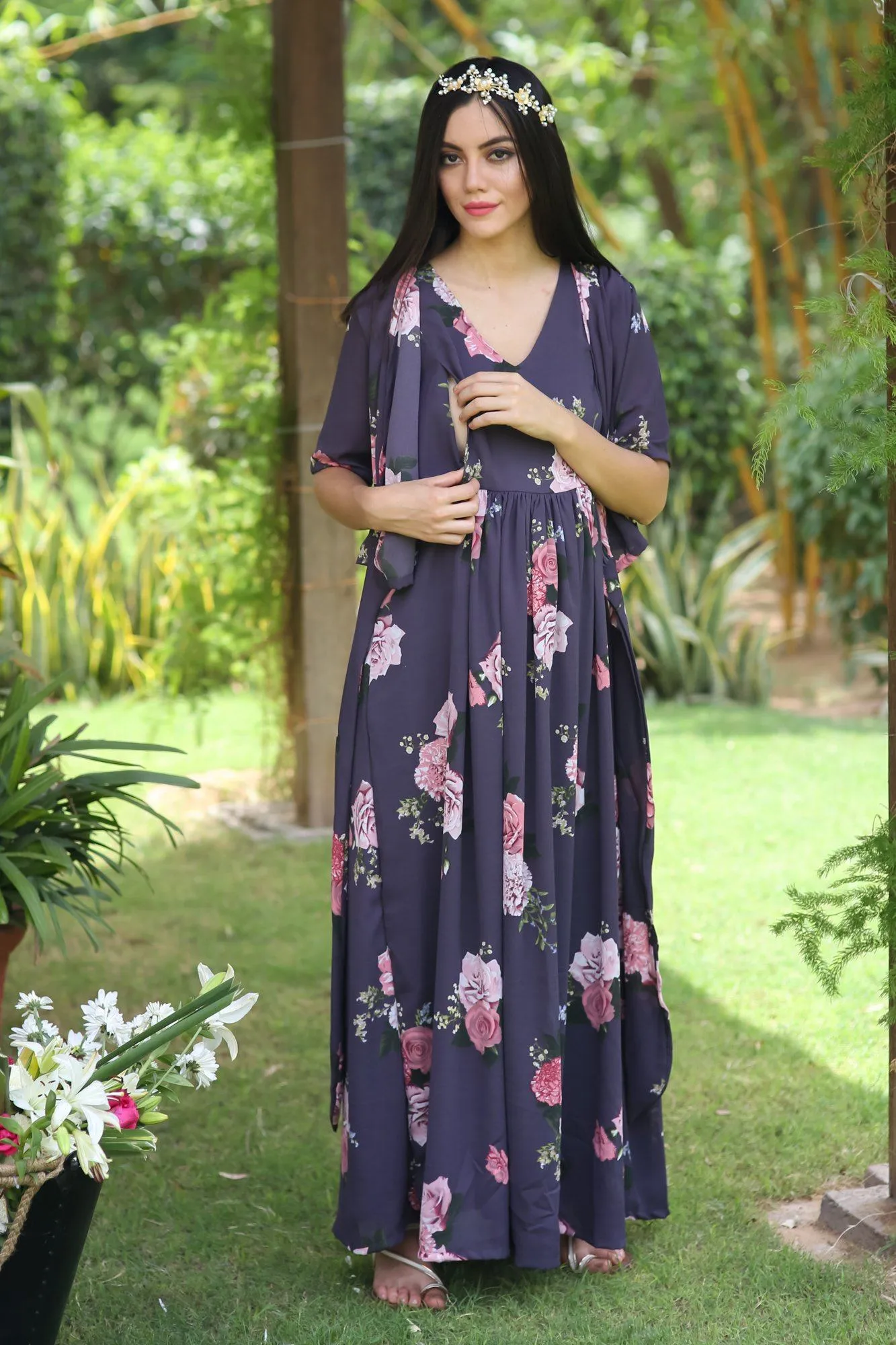 Deep Lilac Blossom Maternity & Nursing Wrap Dress