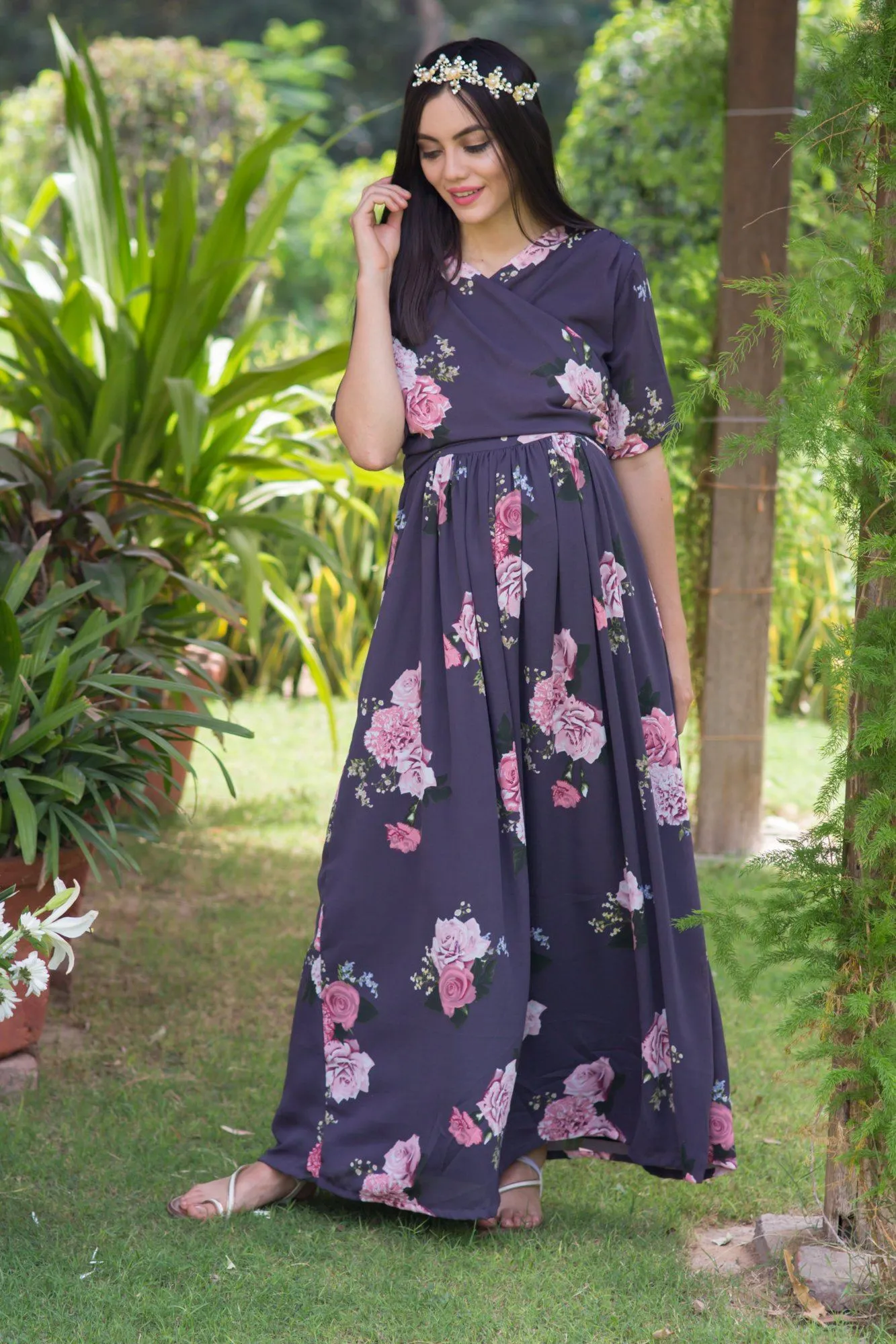 Deep Lilac Blossom Maternity & Nursing Wrap Dress