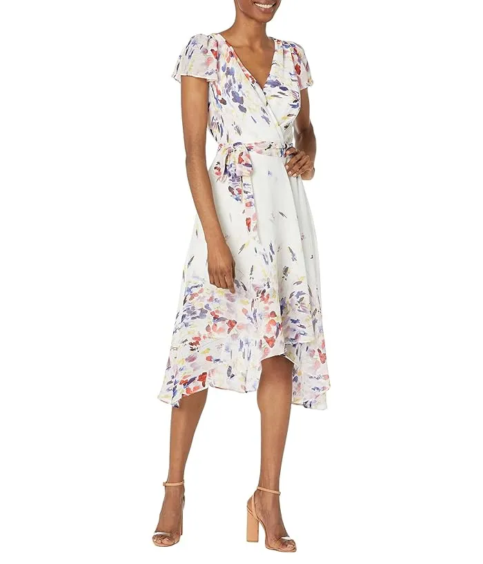 DKNY Printed Flutter Sleeve Faux Wrap Midi Dress Women's