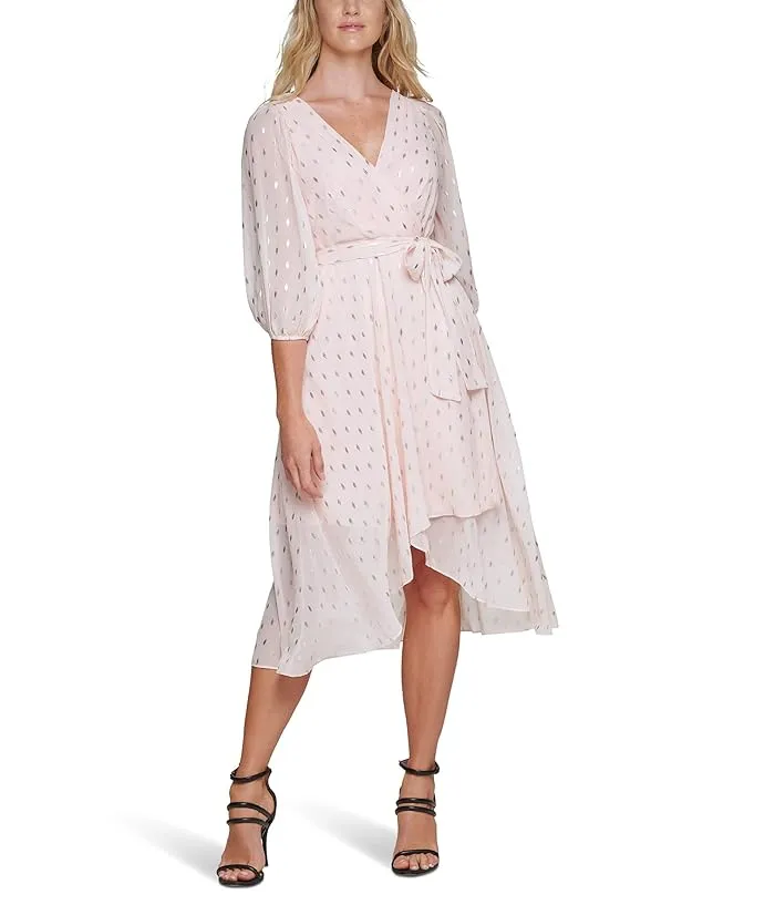 DKNY V-Neck Faux Wrap Dress with Balloon Sleeve