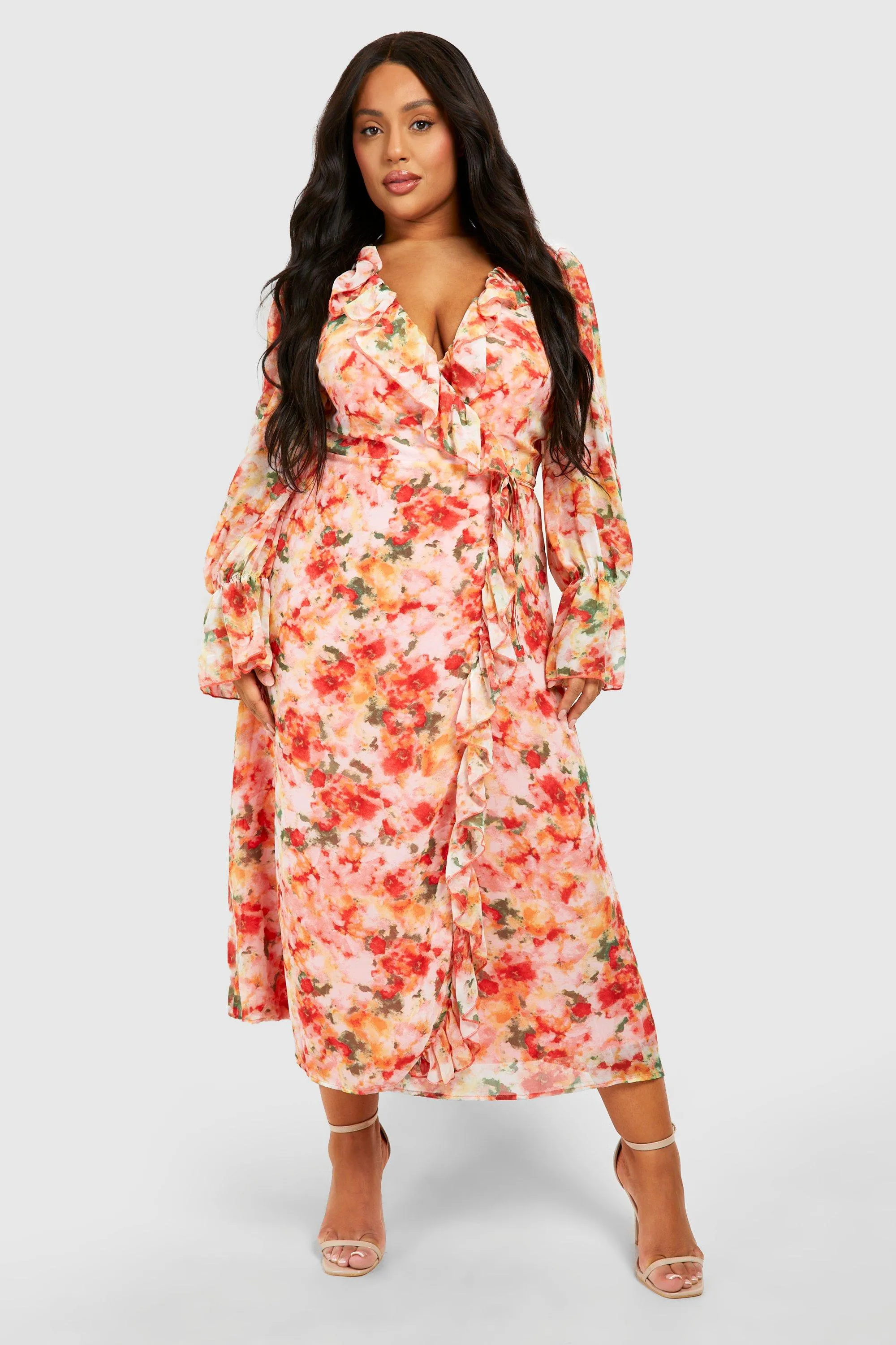 Dresses | Plus Floral Print Ruffle Wrap Midi Dress | boohoo