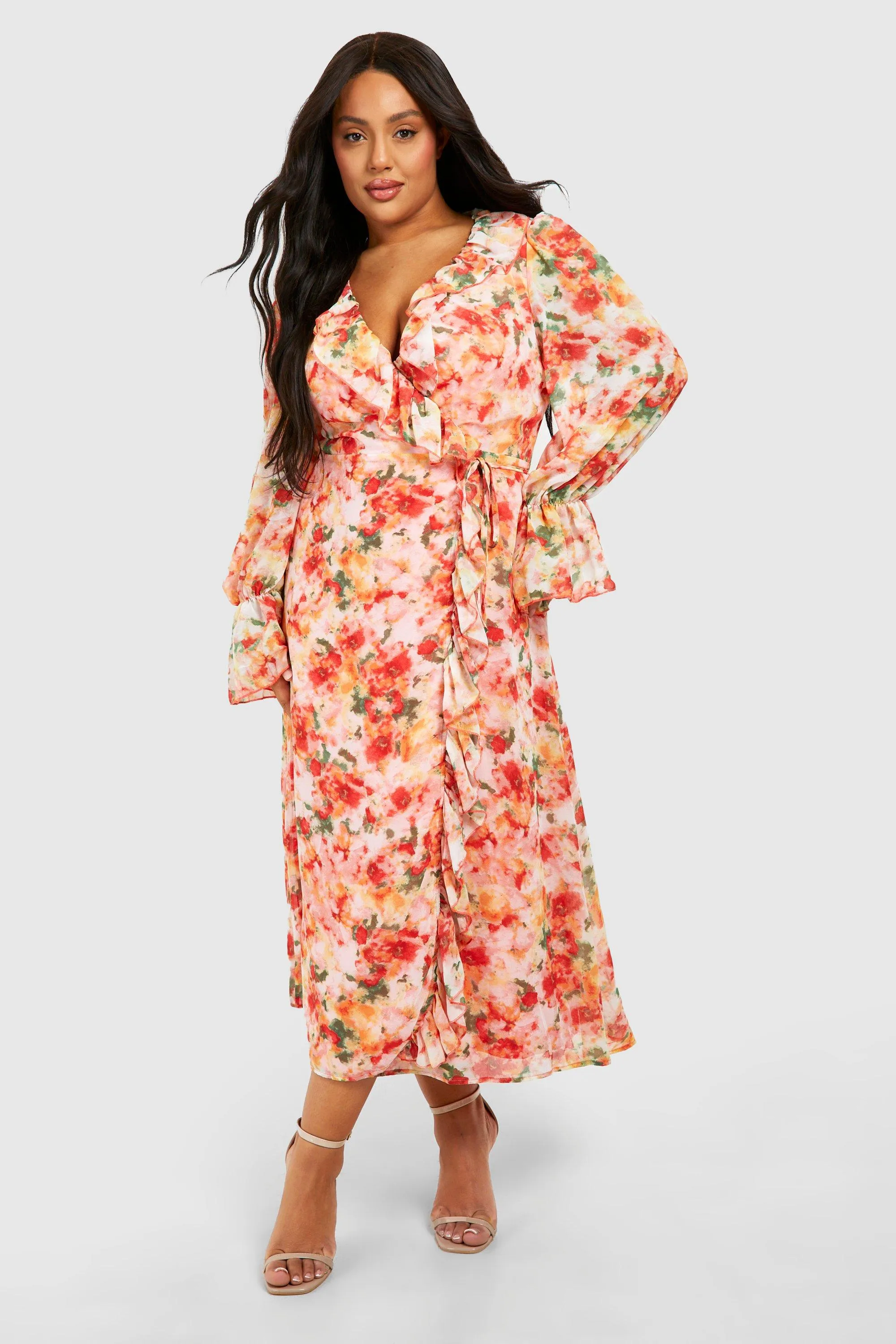 Dresses | Plus Floral Print Ruffle Wrap Midi Dress | boohoo