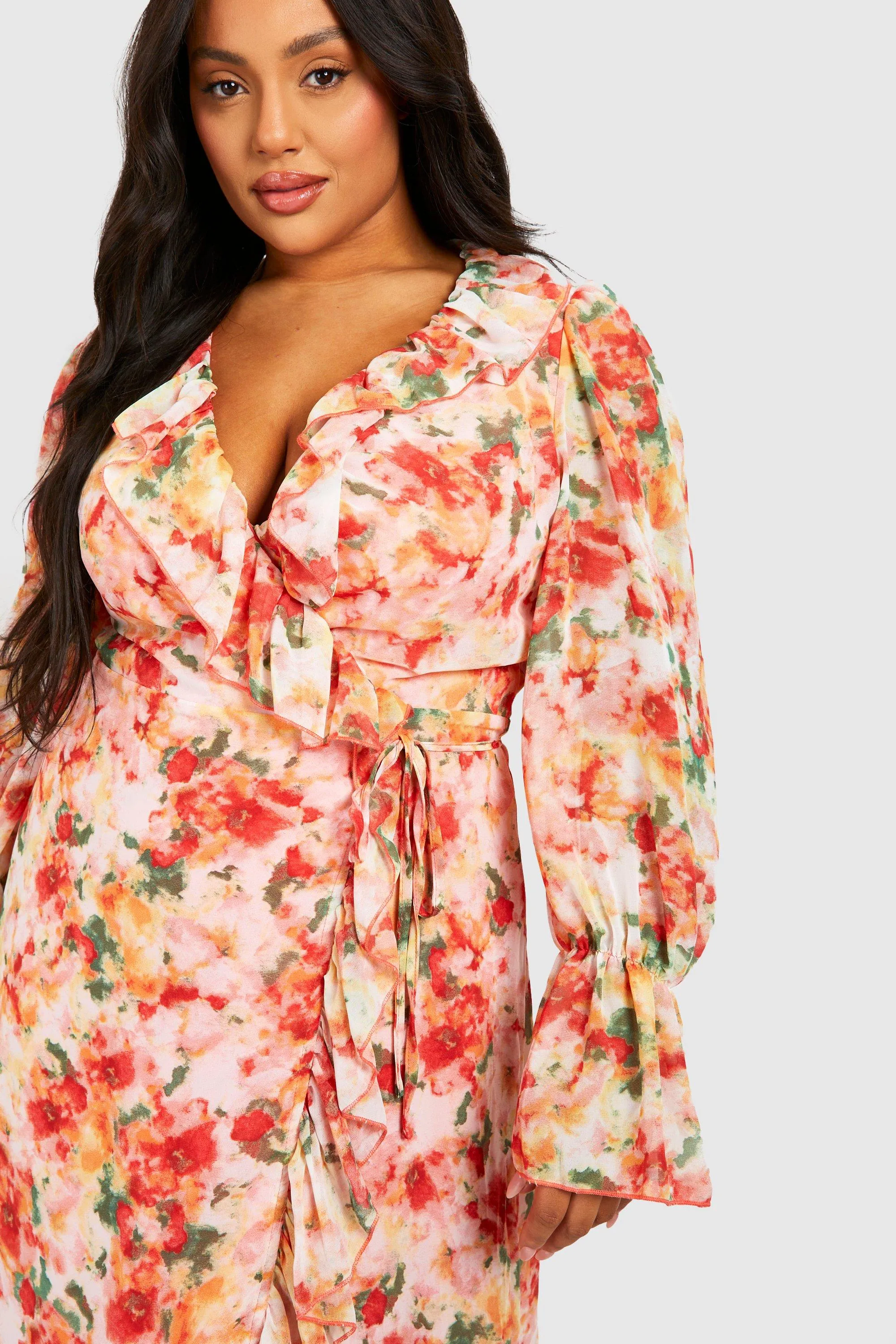 Dresses | Plus Floral Print Ruffle Wrap Midi Dress | boohoo