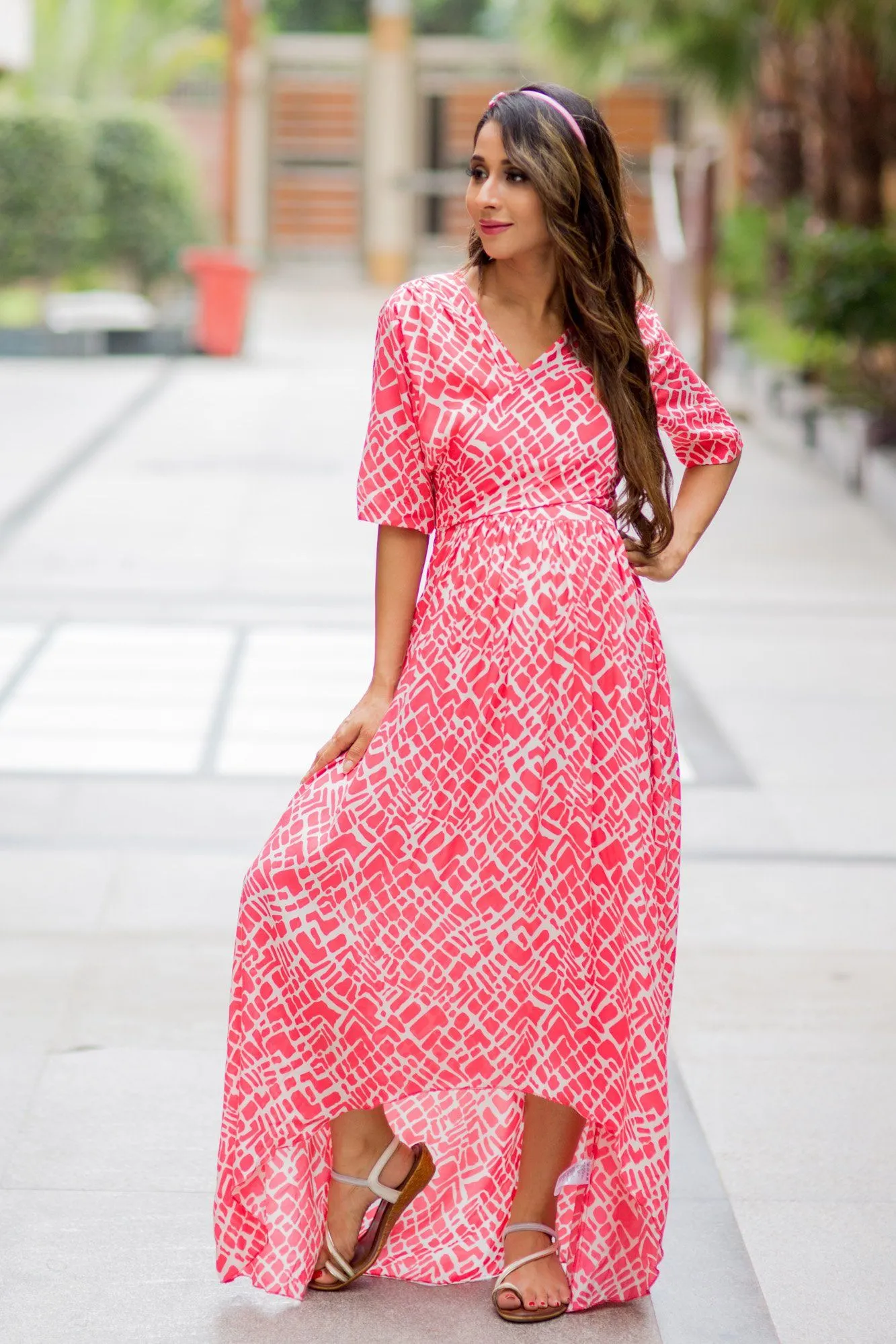 Flamingo Pink Hi-Low Maternity & Nursing Wrap Dress