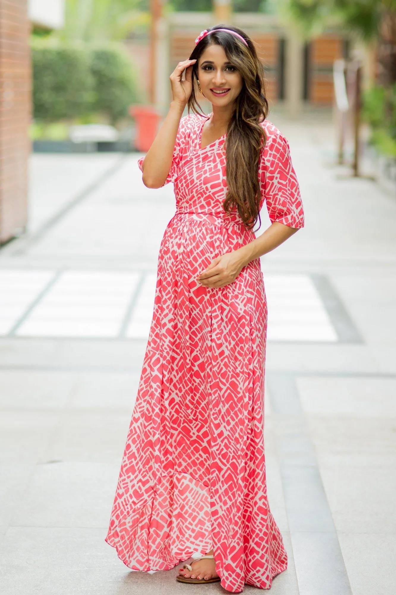 Flamingo Pink Hi-Low Maternity & Nursing Wrap Dress