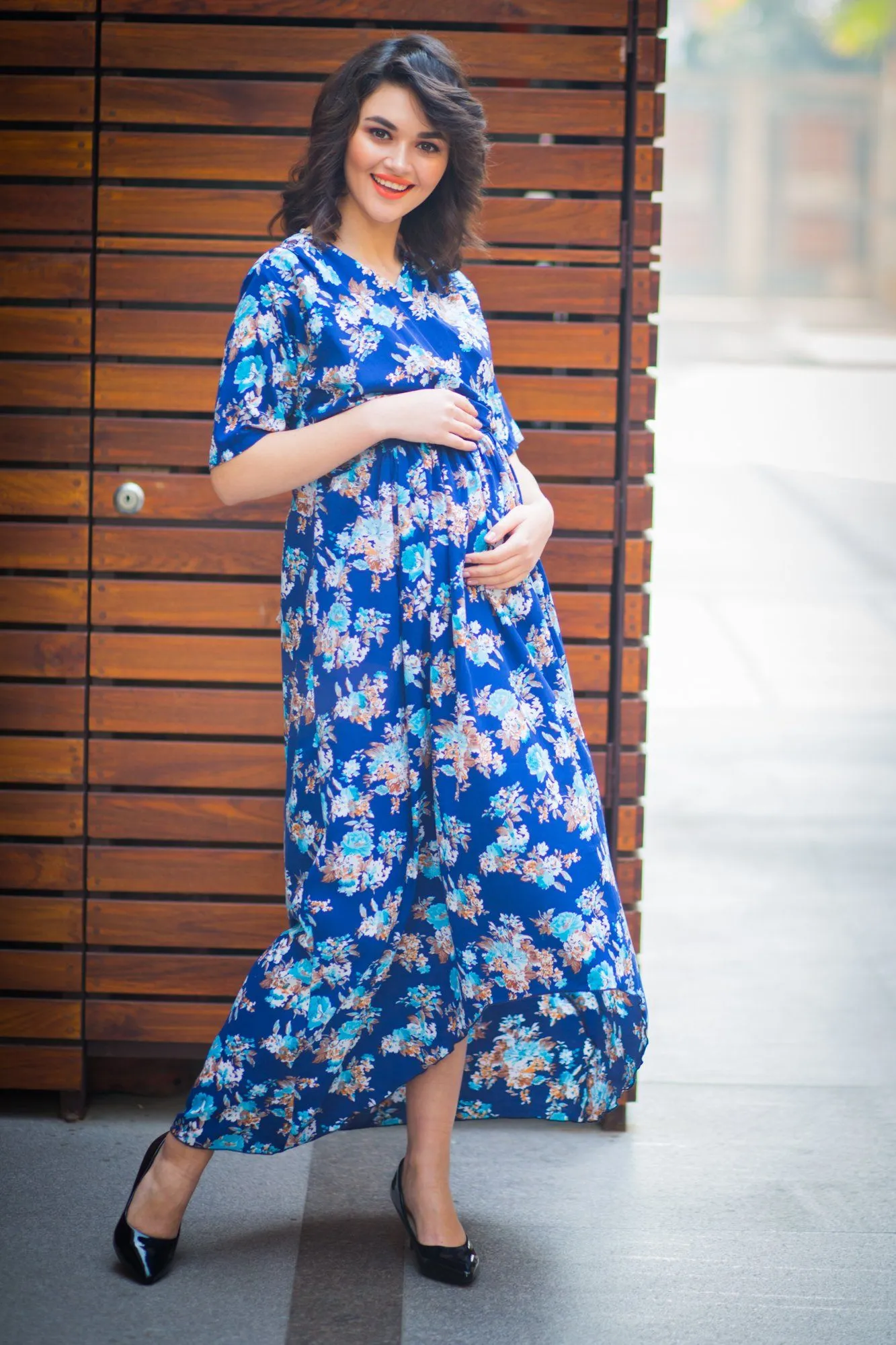 Floral Blue High-Low Maternity & Nursing Wrap Dress