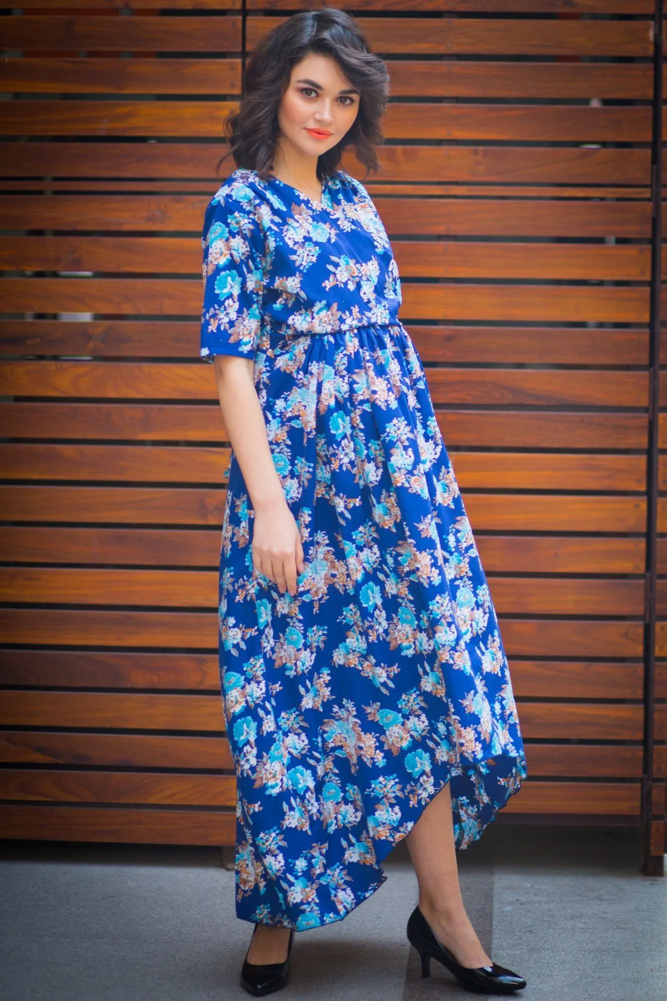 Floral Blue High-Low Maternity & Nursing Wrap Dress