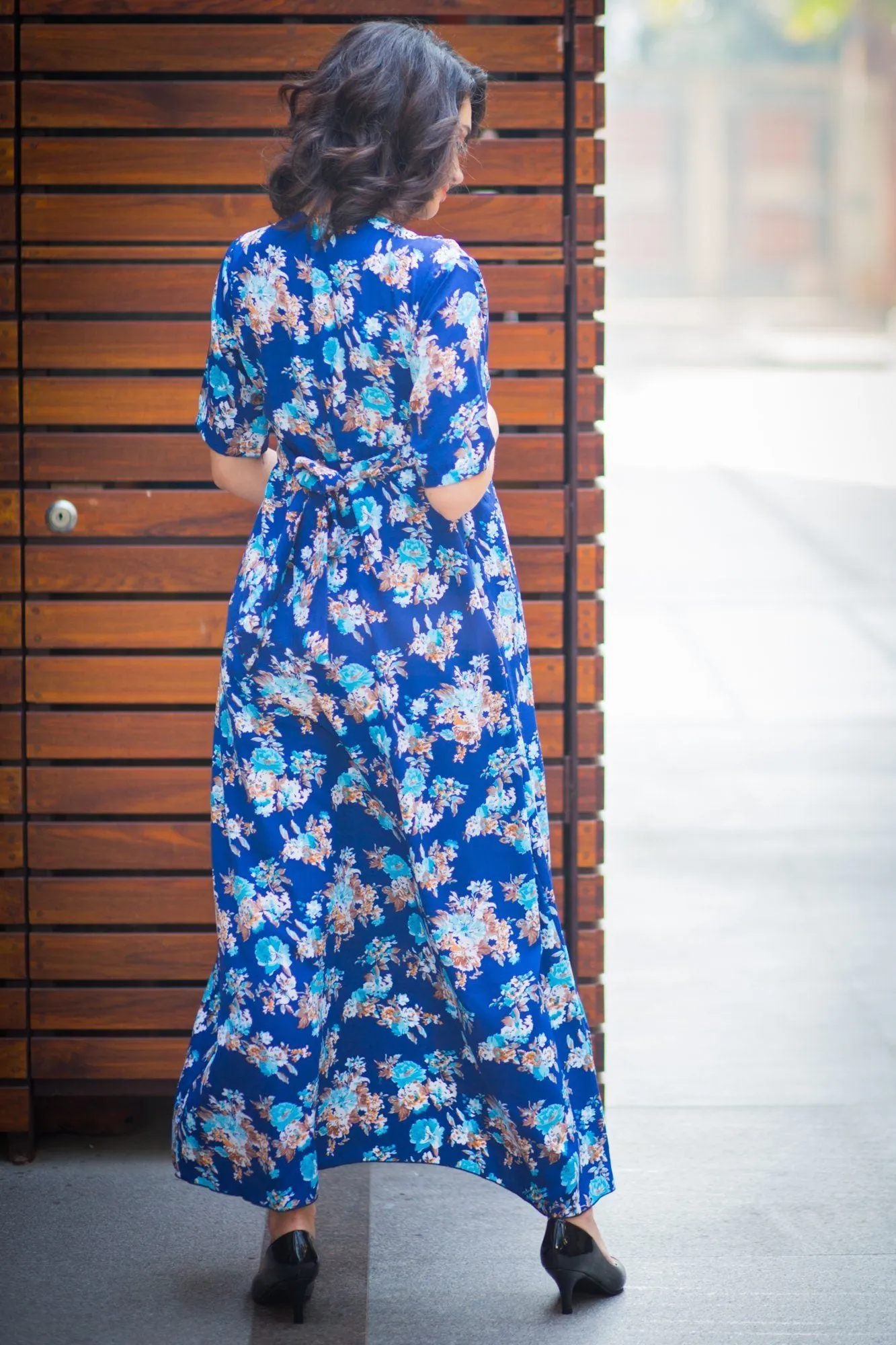 Floral Blue High-Low Maternity & Nursing Wrap Dress