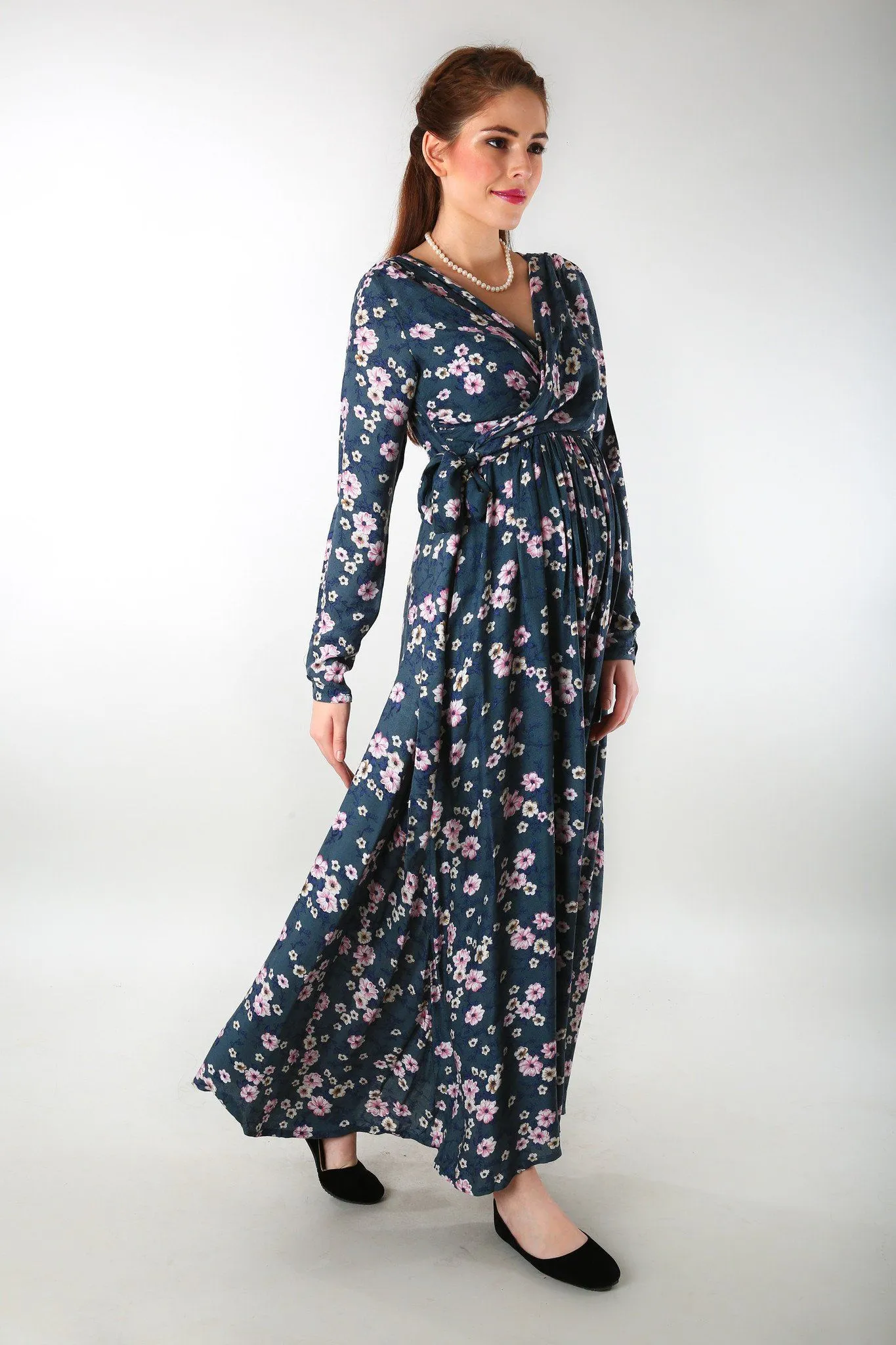 Floral Rich Print Front Wrap Maternity Dress