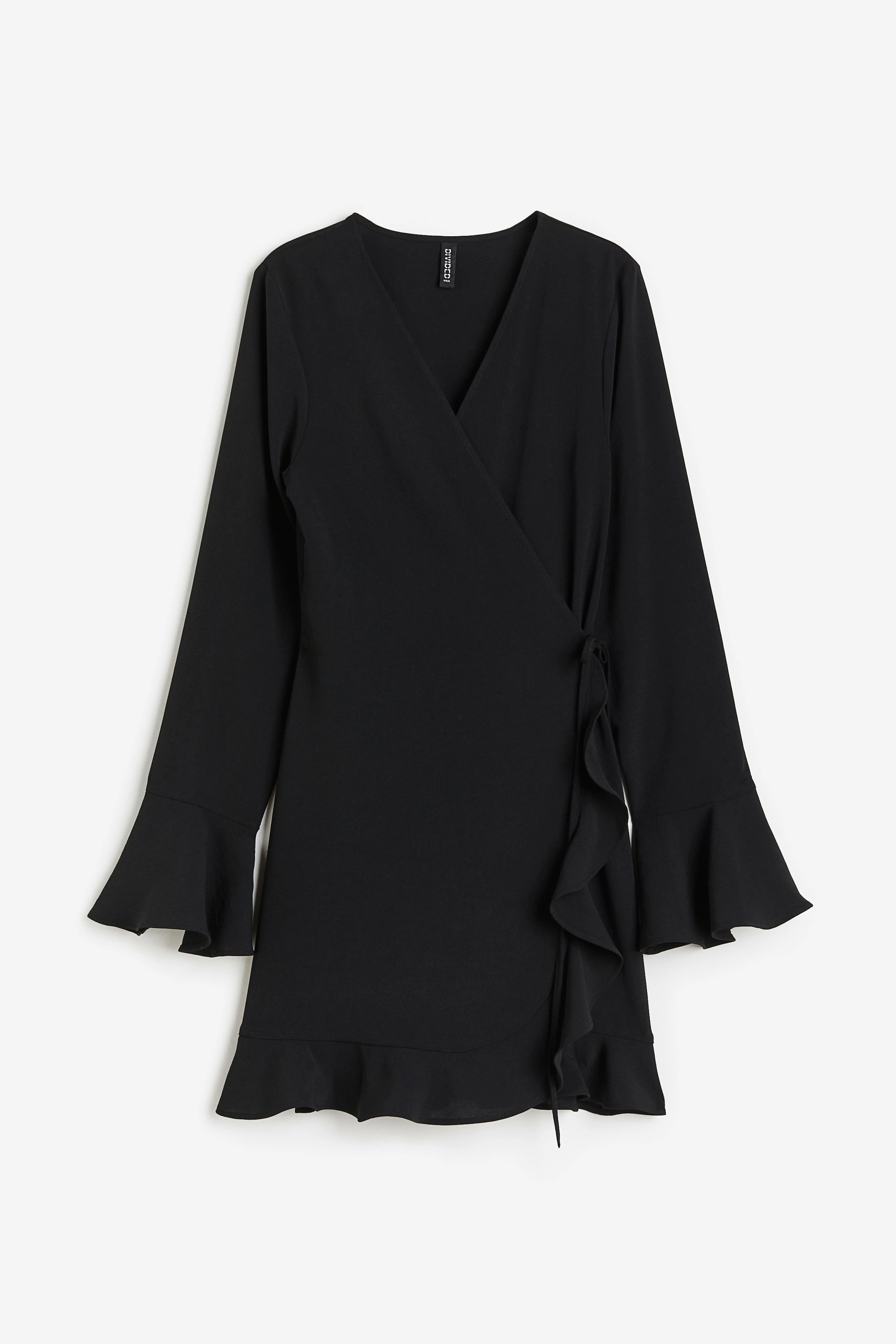 Flounce-trimmed wrap dress - V-neck - Long sleeve - Black - Ladies | H&M GB