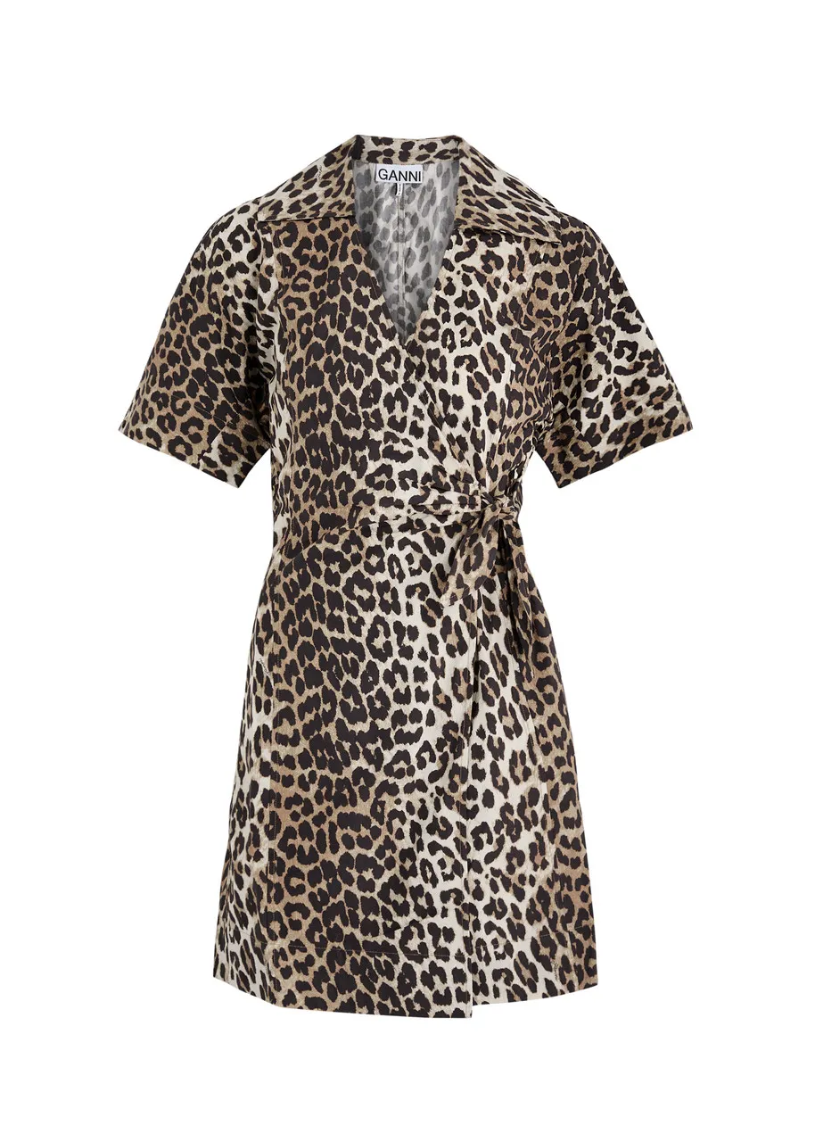 GANNI Leopard-print cotton mini wrap dress  -                         -                     -                