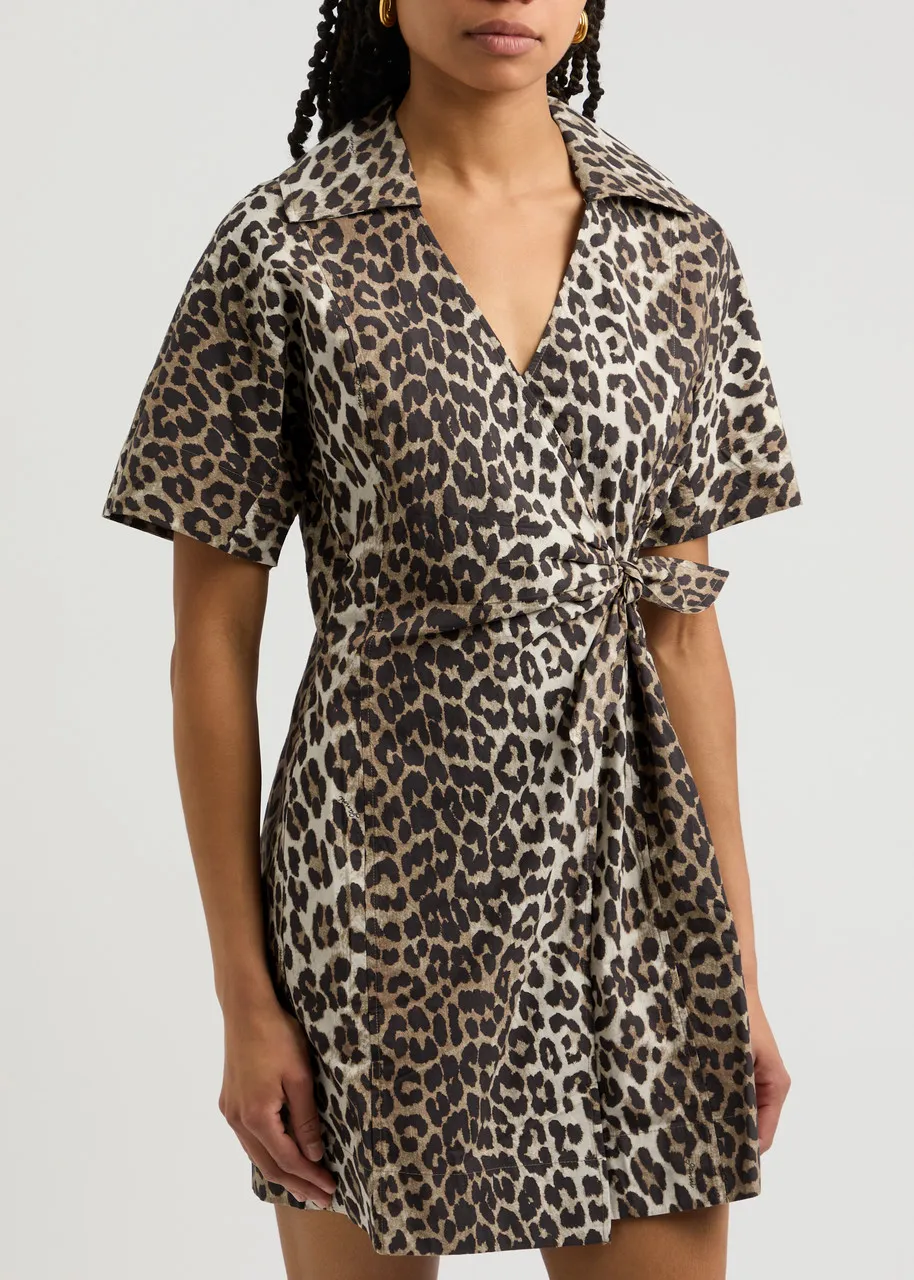 GANNI Leopard-print cotton mini wrap dress  -                         -                     -                