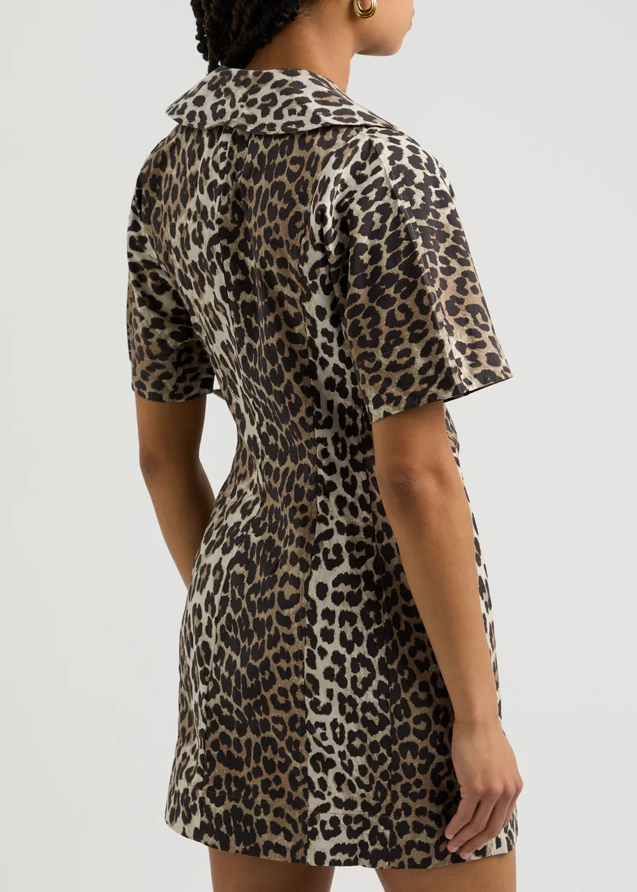 GANNI Leopard-print cotton mini wrap dress  -                         -                     -                