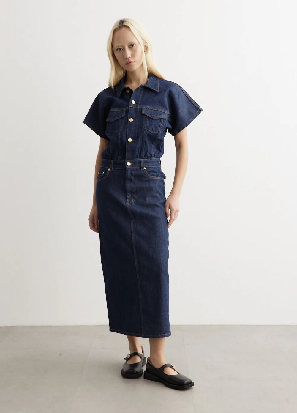 Ganni -  Rinse Stitch Denim Midi Dress - Dress