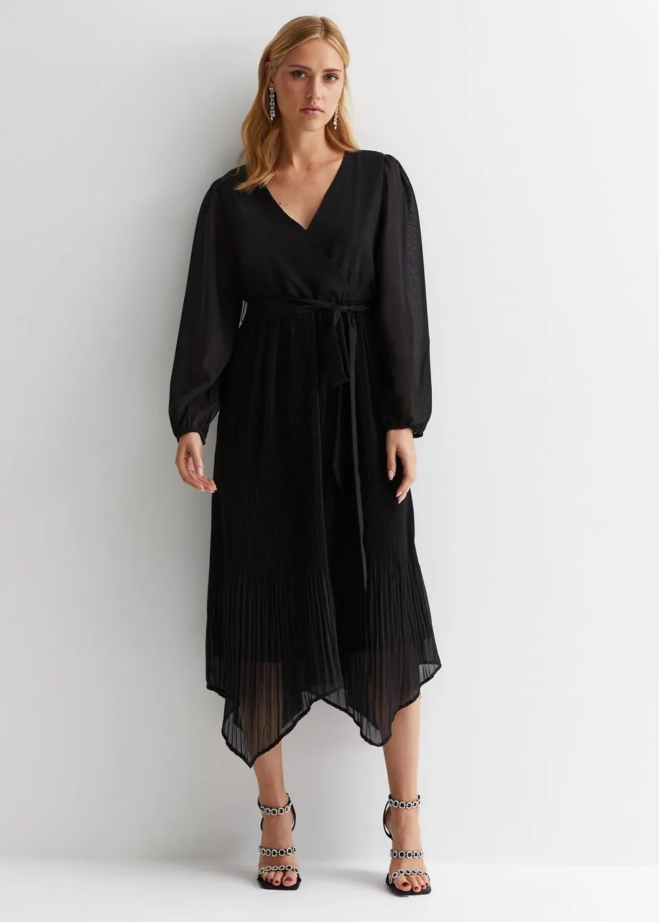 Gini London Black Pleated Hanky Hem Wrap Midi Dress