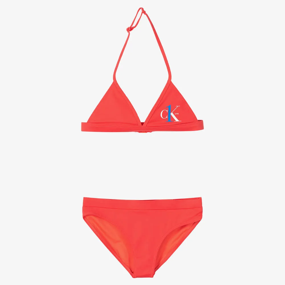 Girls Coral Red Logo Bikini