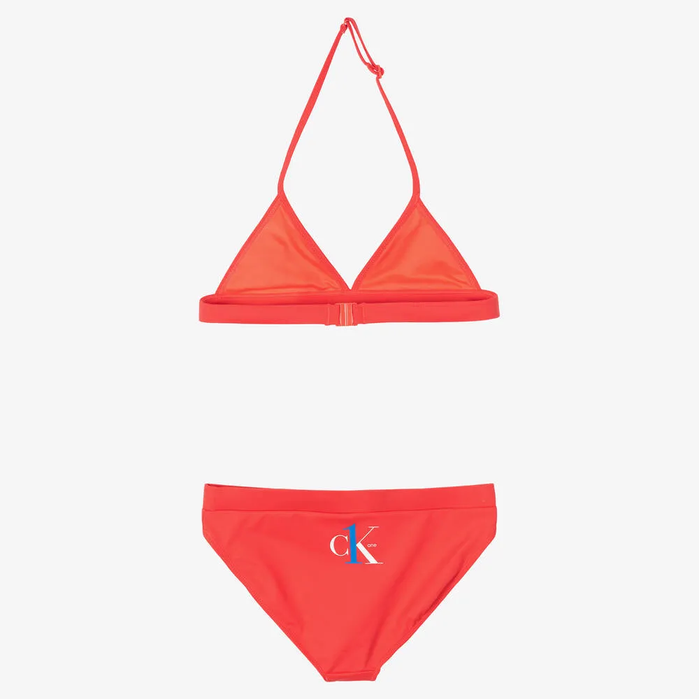 Girls Coral Red Logo Bikini