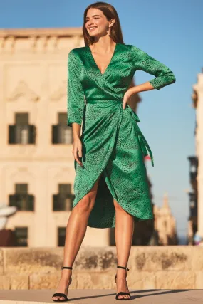 Green Animal Print Wrap Midi Dress