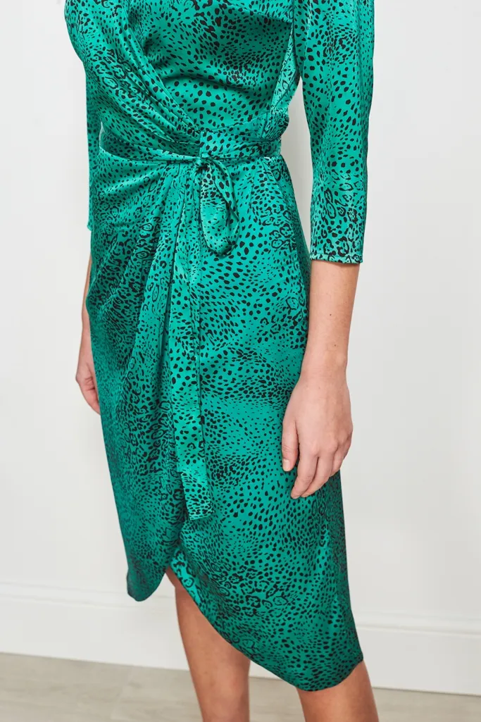 Green Animal Print Wrap Midi Dress