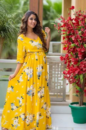 Hello Yellow Floral Maternity & Nursing Cotton Viscose Wrap Dress