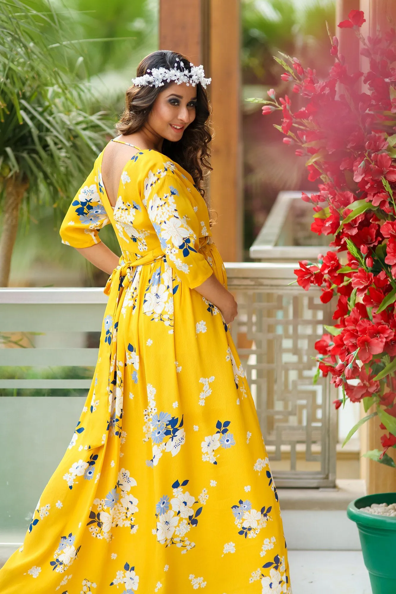 Hello Yellow Floral Maternity & Nursing Soft Crepe Wrap Dress