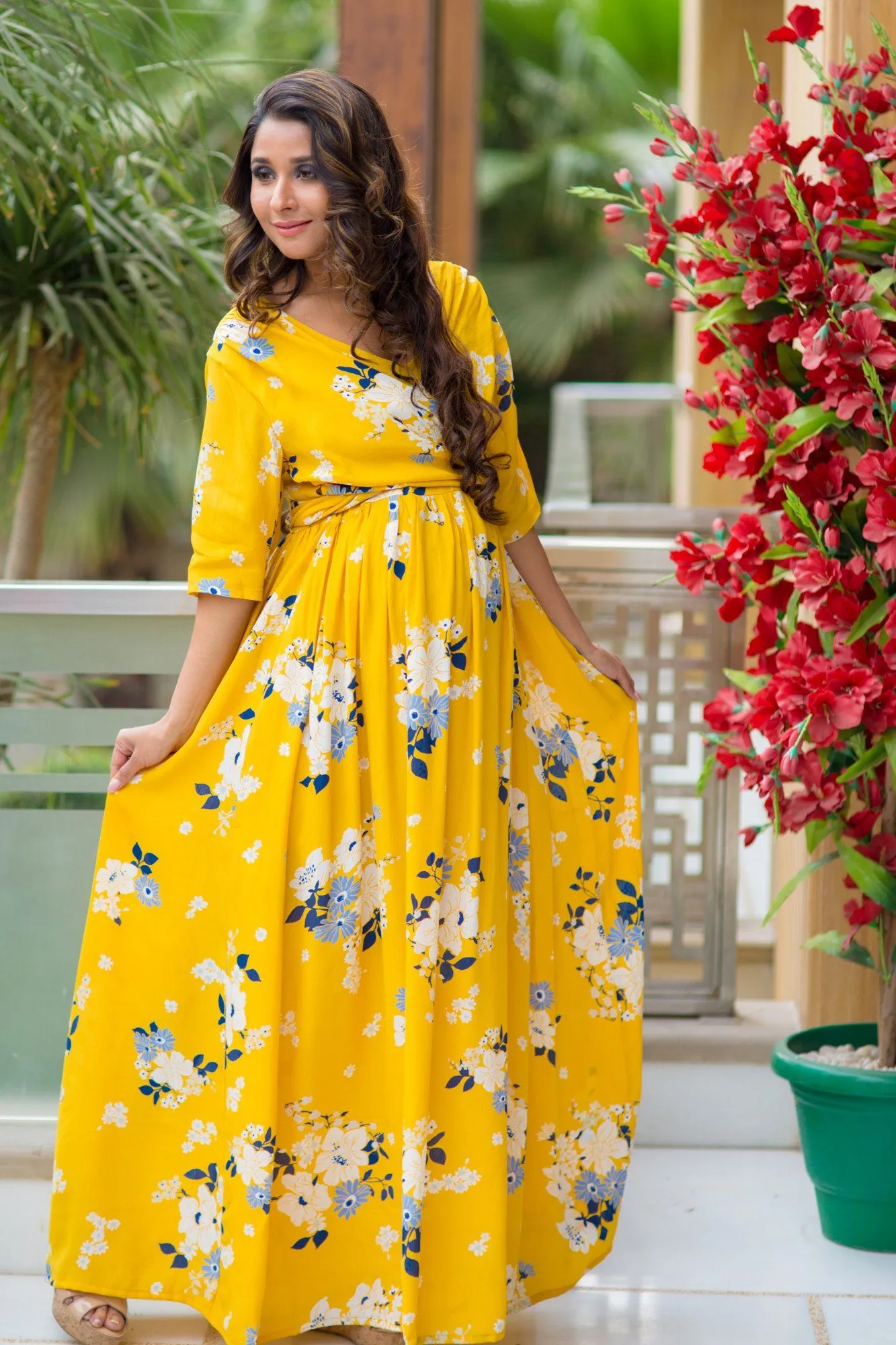 Hello Yellow Floral Maternity & Nursing Soft Crepe Wrap Dress