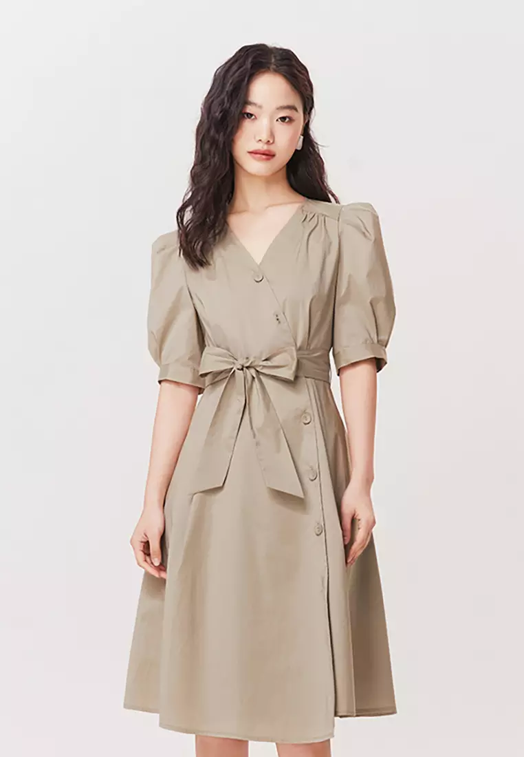 Hopeshow Puff Sleeve Front Button Wrap Midi Dress