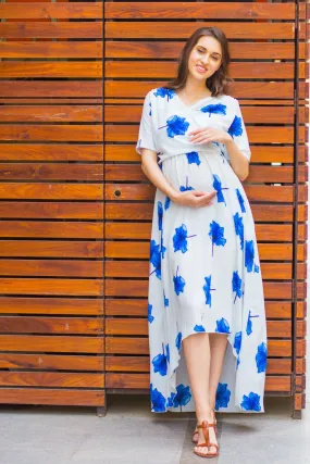 Ice Blue Floral  Hi-Low Maternity & Nursing Wrap Dress