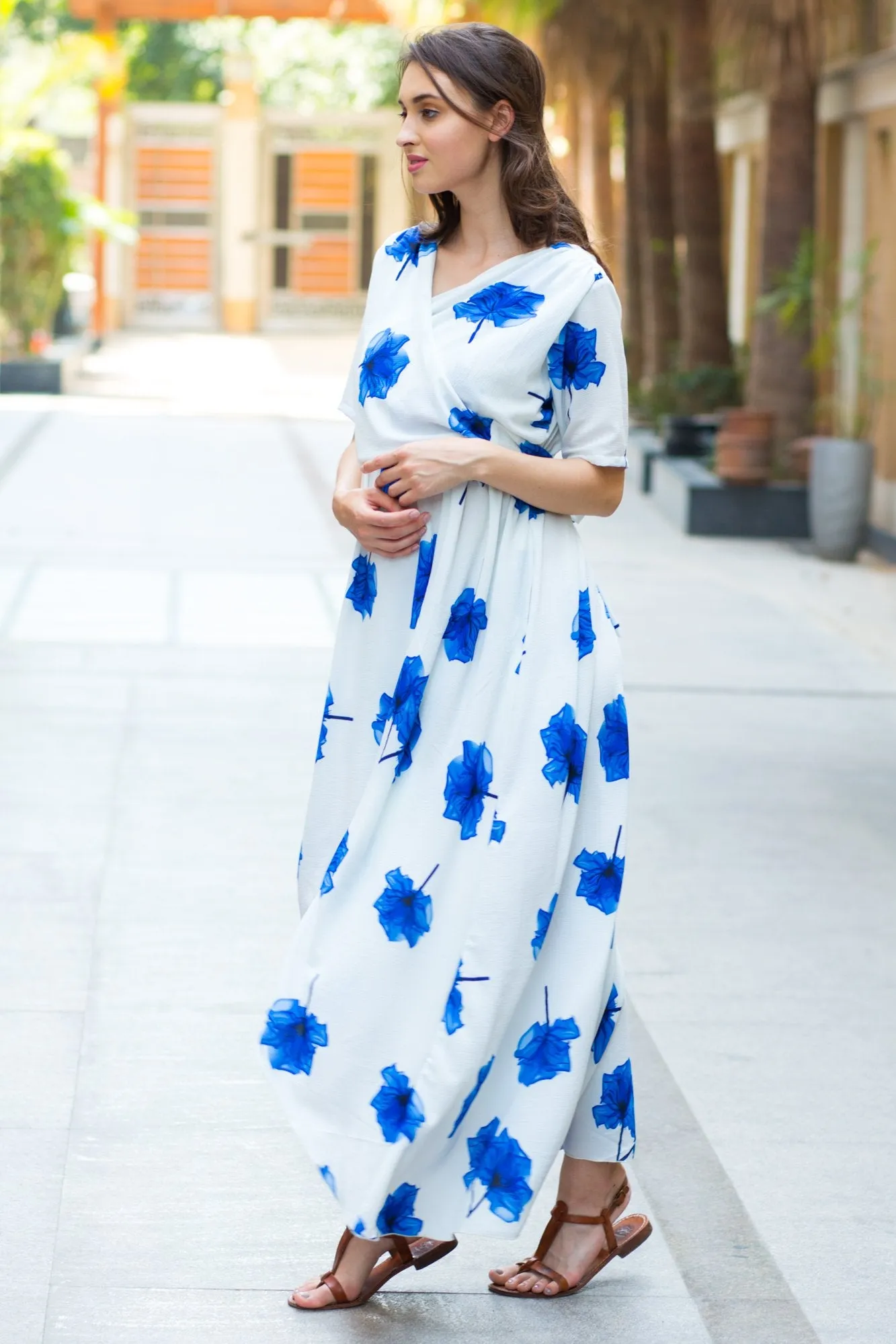 Ice Blue Floral  Hi-Low Maternity & Nursing Wrap Dress