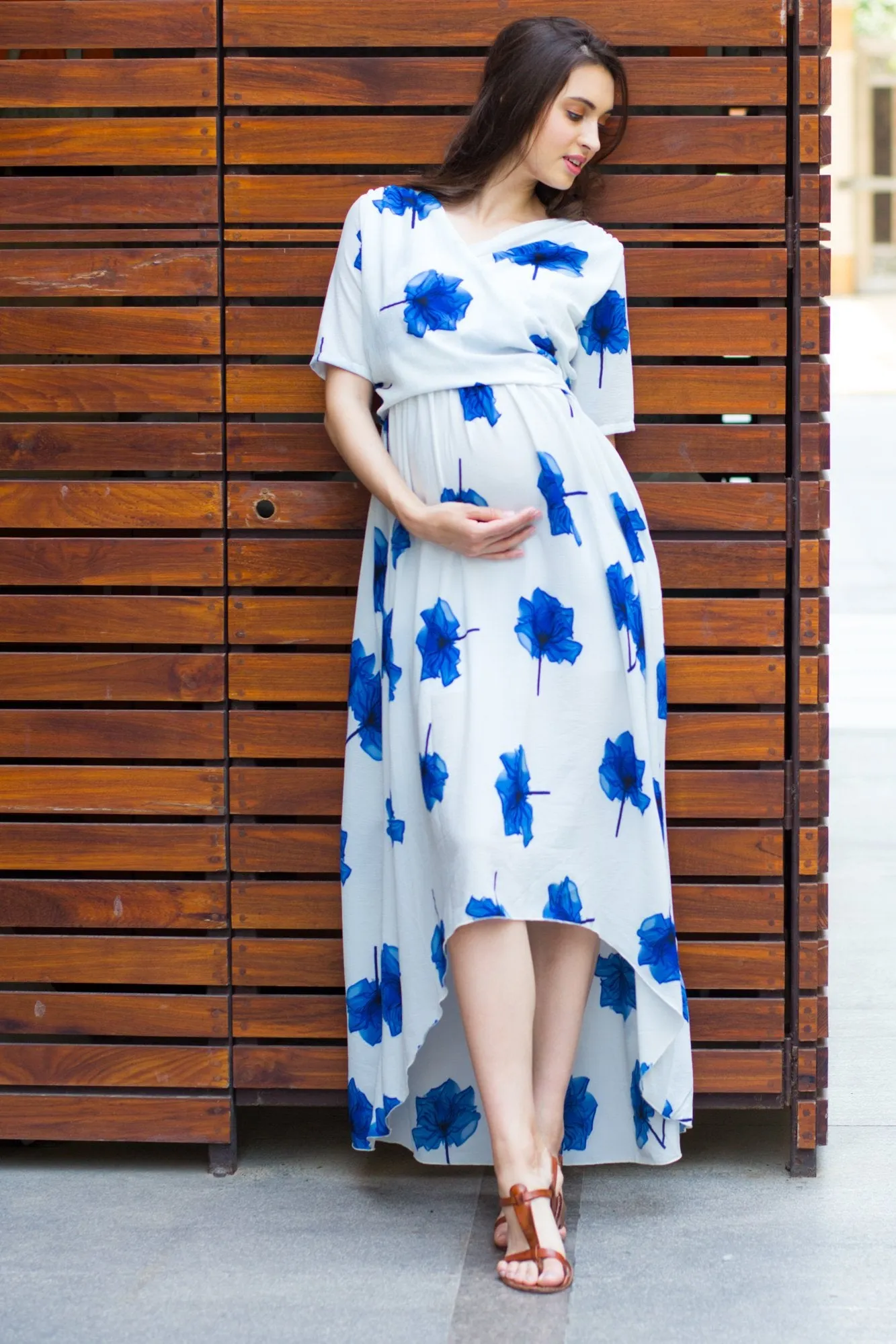 Ice Blue Floral  Hi-Low Maternity & Nursing Wrap Dress