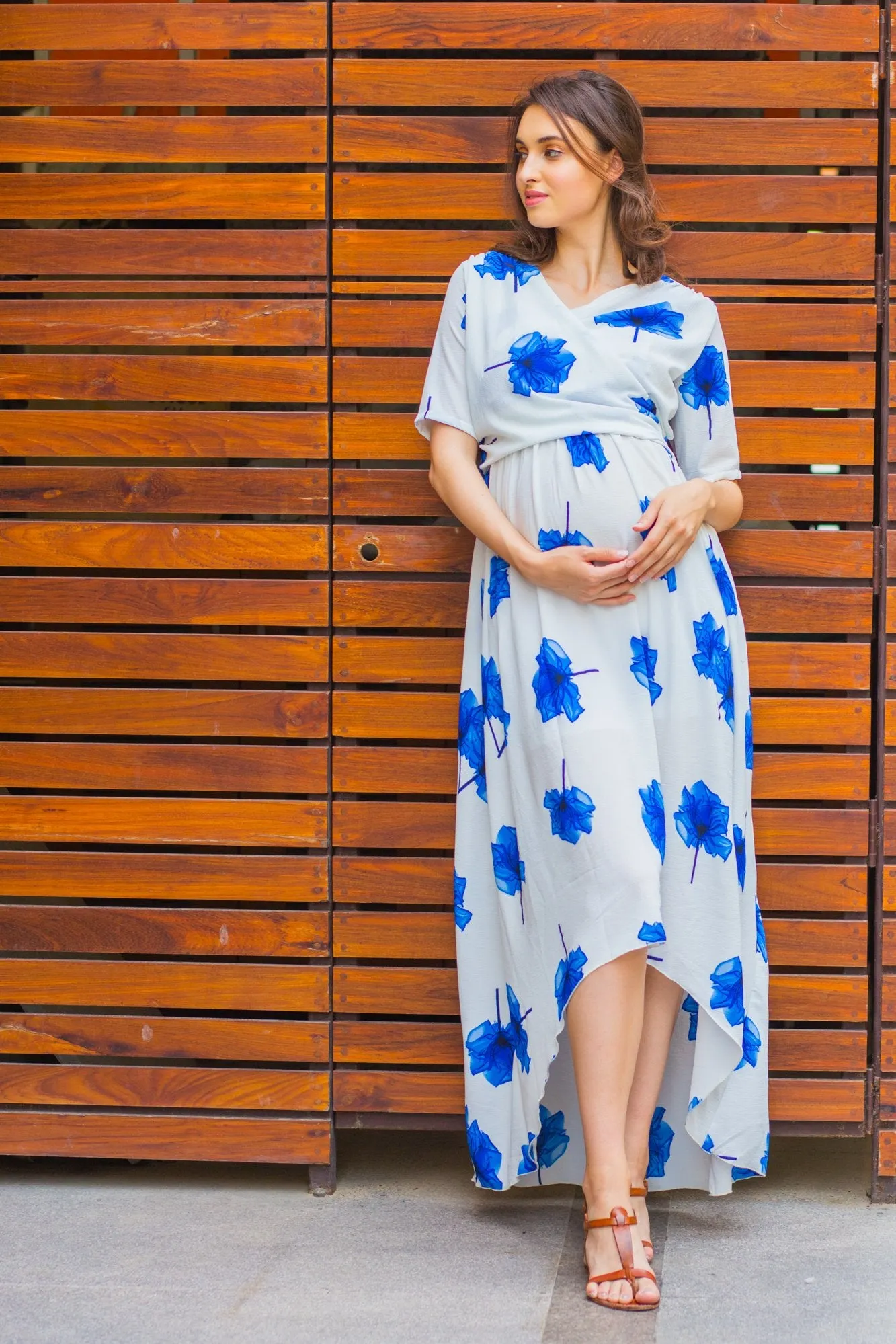 Ice Blue Floral  Hi-Low Maternity & Nursing Wrap Dress