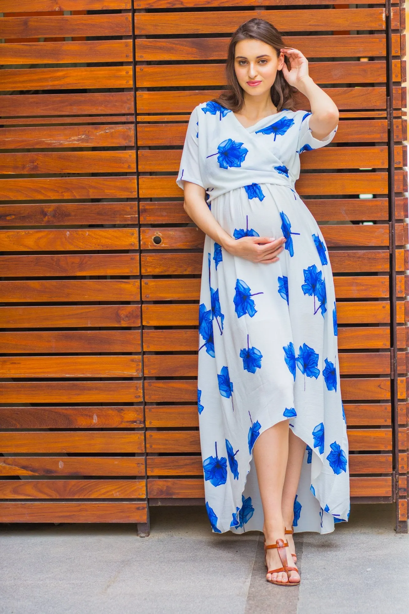 Ice Blue Floral  Hi-Low Maternity & Nursing Wrap Dress