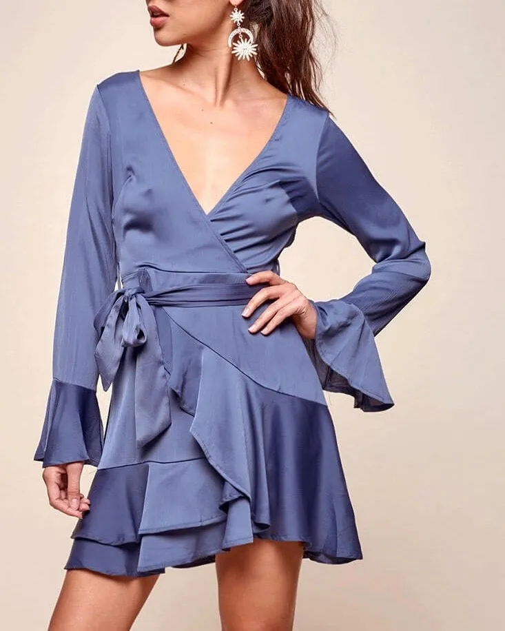 Into You Satin Flared Sleeves Peek A Boo Back Mini Wrap Dress in Muted Blue