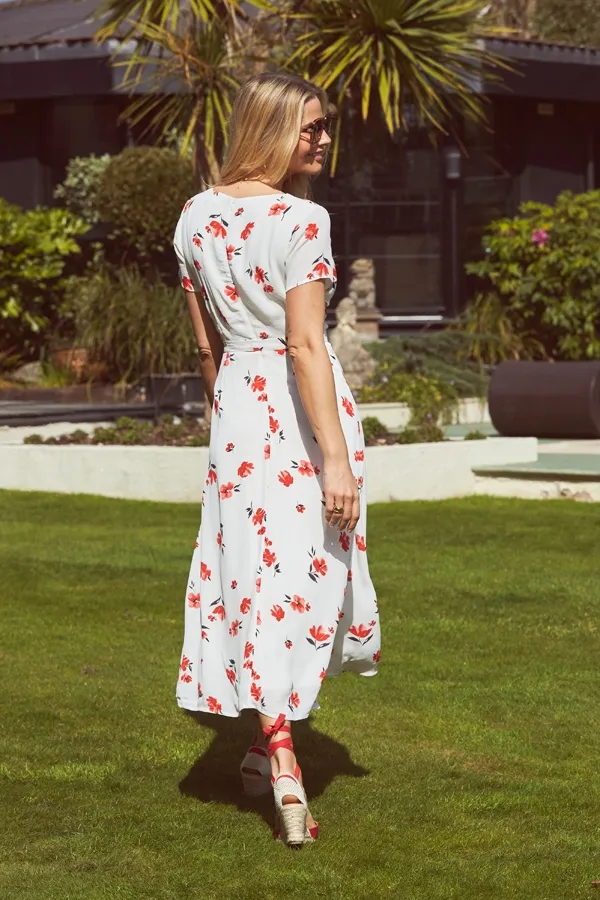 Ivory & Red Floral Print Split Front Wrap Maxi Dress