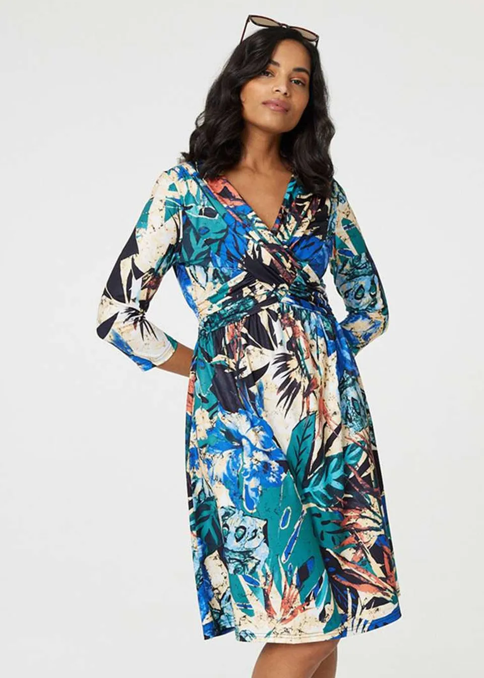 Izabel London Green Leaf Print Knee Length Wrap Dress