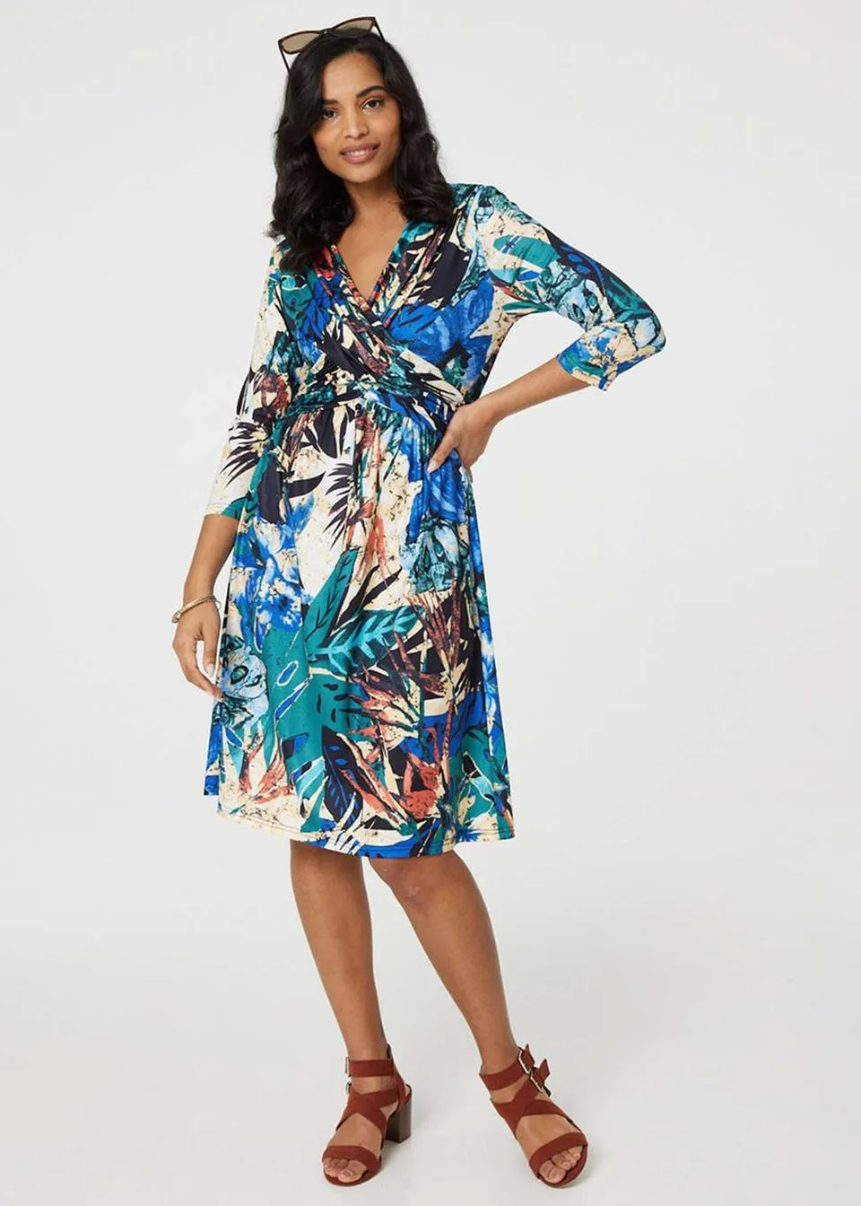 Izabel London Green Leaf Print Knee Length Wrap Dress