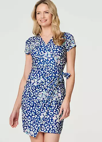 Izabel London Multi Blue Animal Print Ruched Short Wrap Dress | Grattan