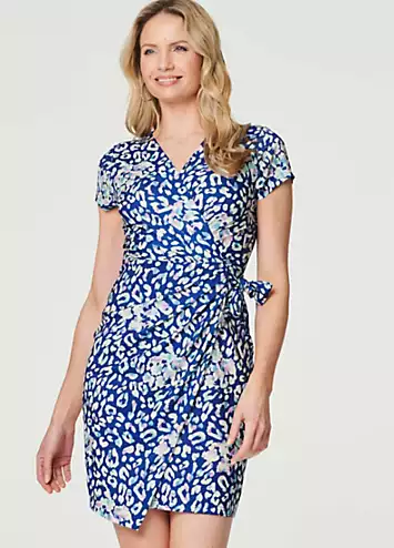 Izabel London Multi Blue Animal Print Ruched Short Wrap Dress | Grattan