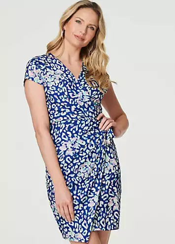 Izabel London Multi Blue Animal Print Ruched Short Wrap Dress | Grattan