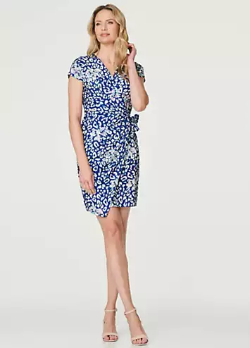 Izabel London Multi Blue Animal Print Ruched Short Wrap Dress | Grattan