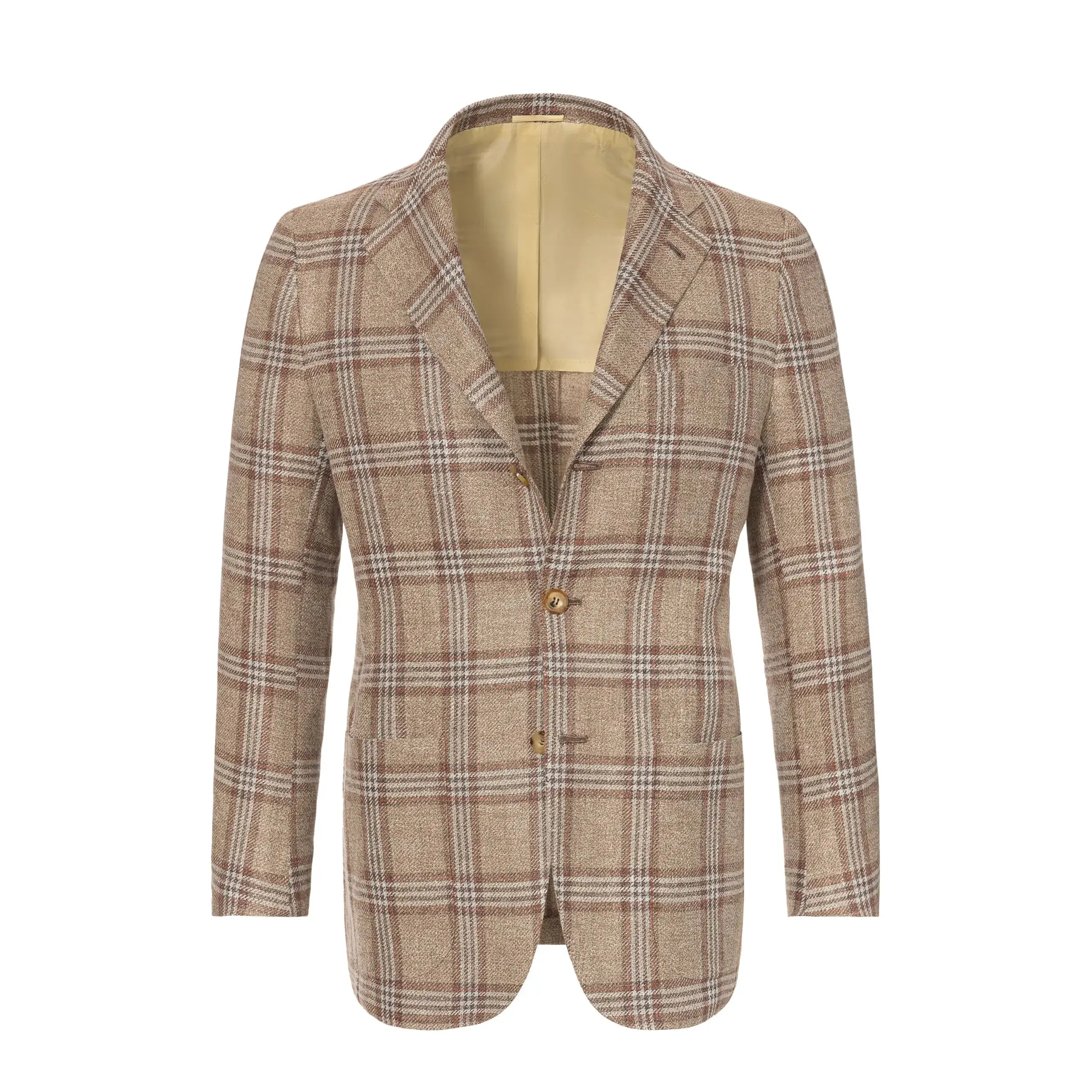  Kiton Glencheck Linen, Silk and Cotton Jacket in Brown and White