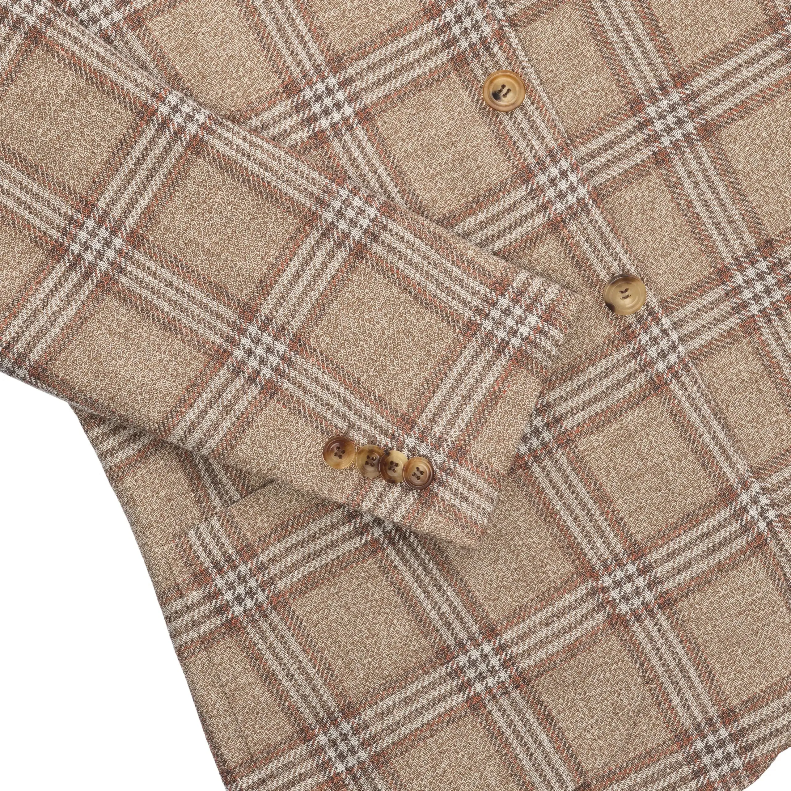  Kiton Glencheck Linen, Silk and Cotton Jacket in Brown and White