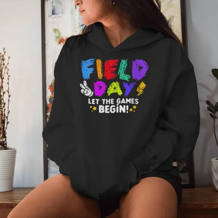 Let The Games Begin Orange Yellow Red Blue Field Day Teacher Women Hoodie