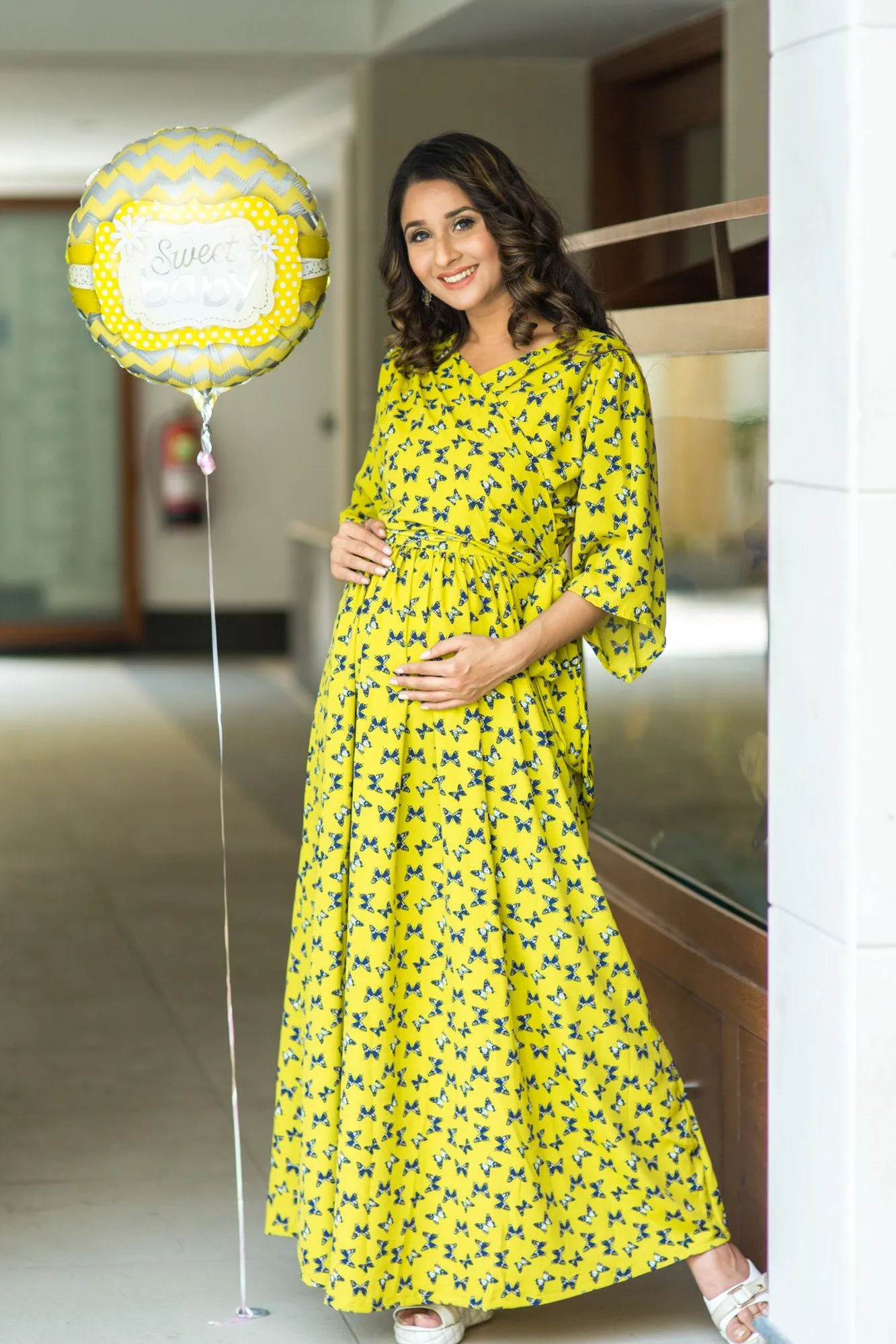 Lime Green Butterfly Maternity & Nursing Wrap Dress