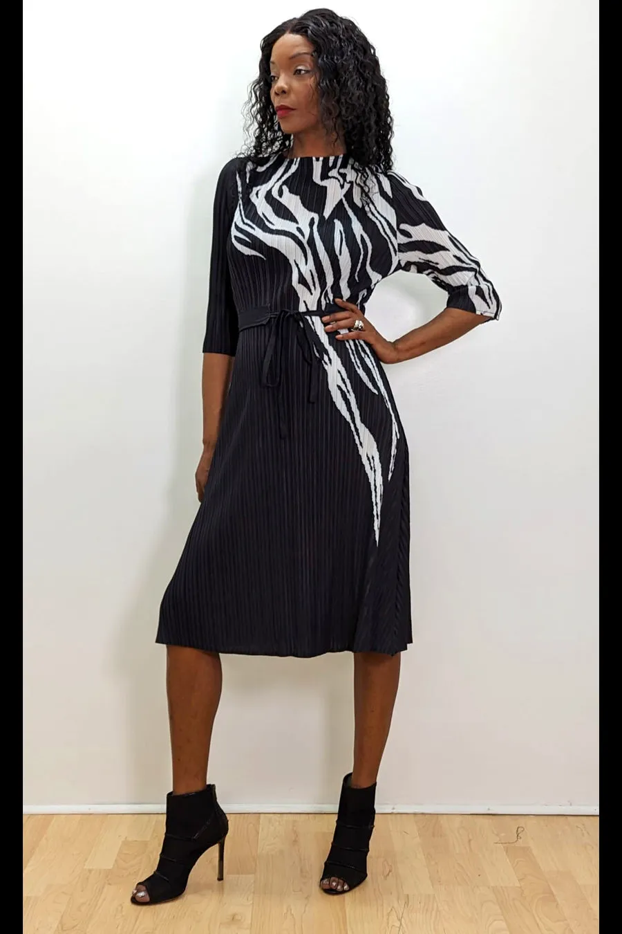 Long Sleeve Pleated Wrap Belt Midi Dress